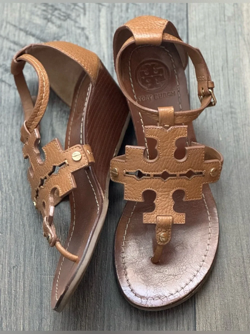 Tory Burch Chandler Brown/Tan Leather Logo Thong Sandals Size 7M